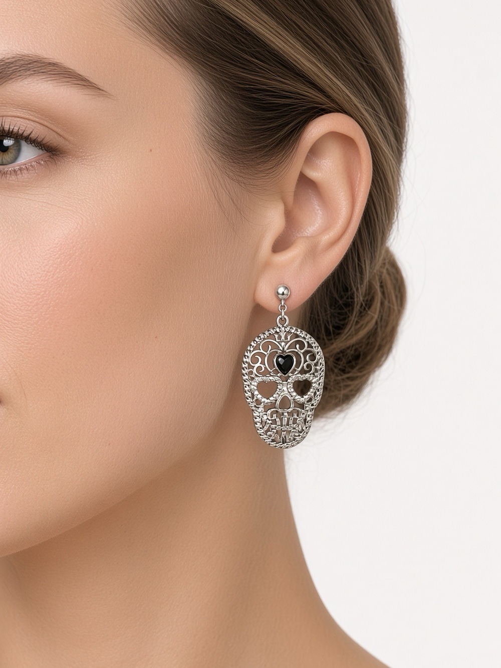 Brand New Silver Filigree Sugar Skull Dangle Earrings Black Heart